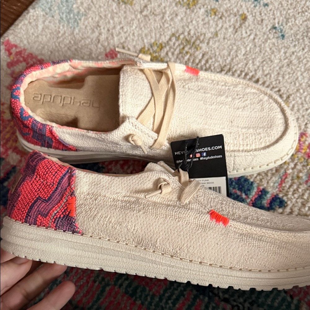 Hey Dude Slip-On Knit Shoes in Natural with Coral and Purple Accents